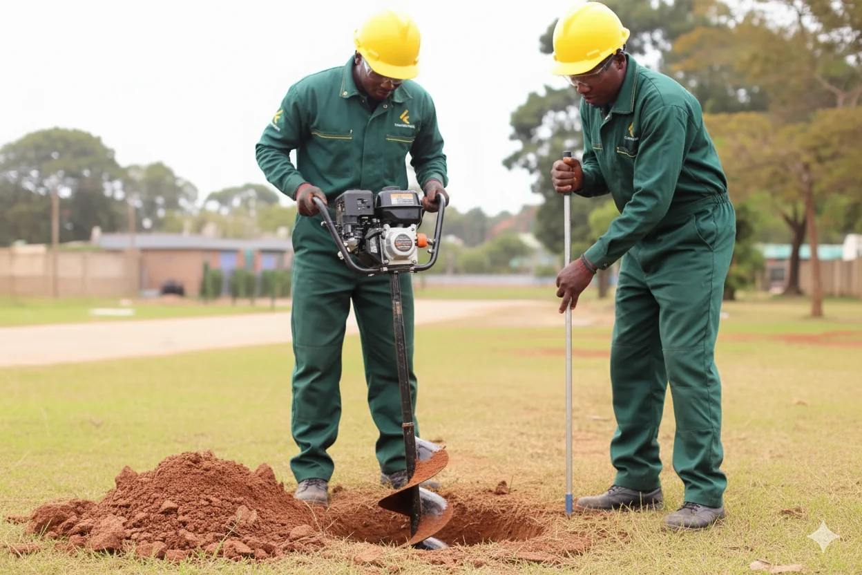 Post hole excavation using professional auger equipment for fence foundation